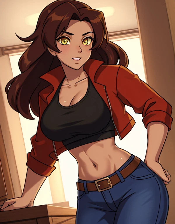 1girl, solo, mixed race Nicaraguan-Navajo woman, 24yo, short wavy hair, brown hair, (yellow eyes:1.5), tan-bronze skin, athletic figure, strong muscles, medium breasts BREAK She’s wearing early 2000's fashion: opened red jacket, black tank-top,(midriff), belt, jeans BREAK looking at viewer, BREAK set in the early 2000’s, BREAK (masterpiece:1.2), best quality, high resolution, unity 8k wallpaper, (illustration:0.8), (beautiful detailed eyes:1.6), extremely detailed face, perfect lighting, extremely detailed CG, (perfect hands, perfect anatomy),
