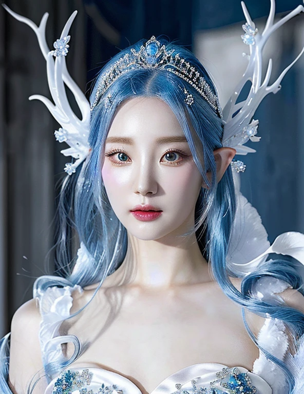 A close-up of a 1 female with blue hair wearing a tie., a beautiful fantasy empress, ((a beautiful fantasy empress)), ultra realistic fantasy tiara, Beautiful and elegant elf queen, Azur. Detailed hair, porcelain white skin, pale porcelain white skin, sea queen mu yanling, hyper detailed fantasy character, 8K high quality detailed art