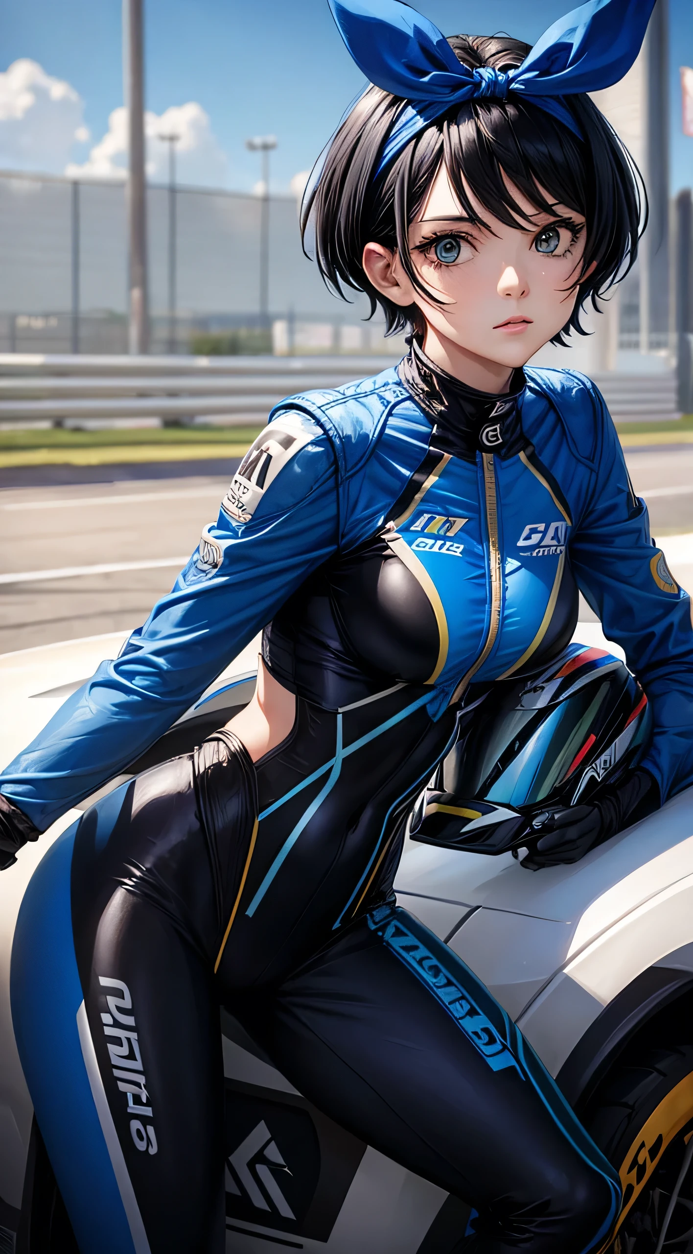 Female racer in blue and black racing suit stands in front of blue and black racing car　Black Hair　Short Hair　Blue Hair Ribbon 　Sarashina Ruka　Monza Circuit　Standing holding a racing helmet　Portraiture　Portrait