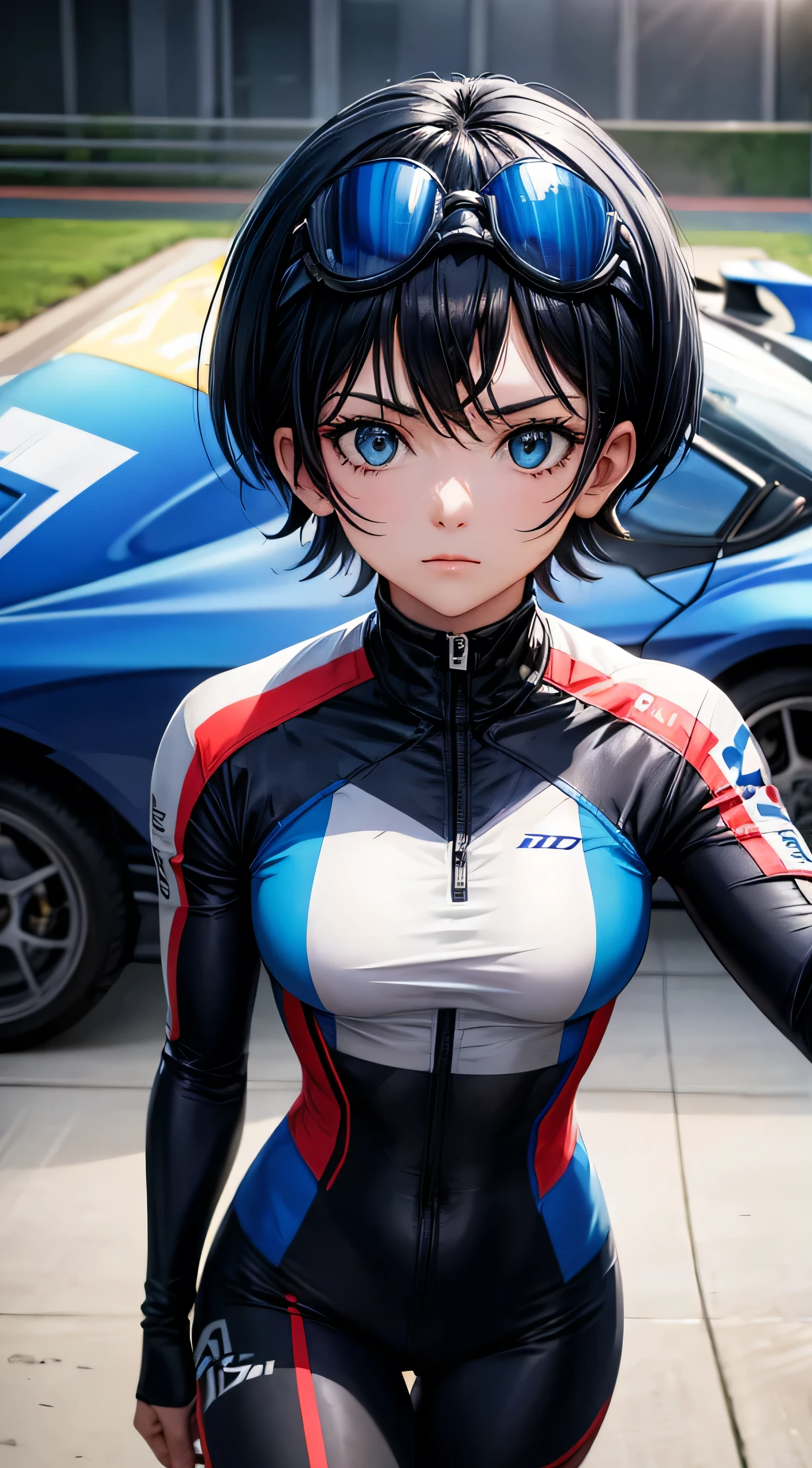 Female racer in blue and black racing suit stands in front of blue and black racing car　Black Hair　Short Hair　Blue Hair Ribbon 　Sarashina Ruka　Monza Circuit　Standing holding a racing helmet　Portraiture　Portrait