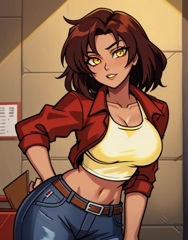 1girl, solo, mixed race Nicaraguan-Navajo woman, 24yo, short wavy hair, brown hair, (yellow eyes:1.5), tan-bronze skin, athletic figure, strong muscles, medium breasts BREAK She’s wearing early 2000's fashion: opened red jacket, black tank-top,(midriff), belt, jeans BREAK looking at viewer, BREAK set in the early 2000’s, BREAK (masterpiece:1.2), best quality, high resolution, unity 8k wallpaper, (illustration:0.8), (beautiful detailed eyes:1.6), extremely detailed face, perfect lighting, extremely detailed CG, (perfect hands, perfect anatomy),
