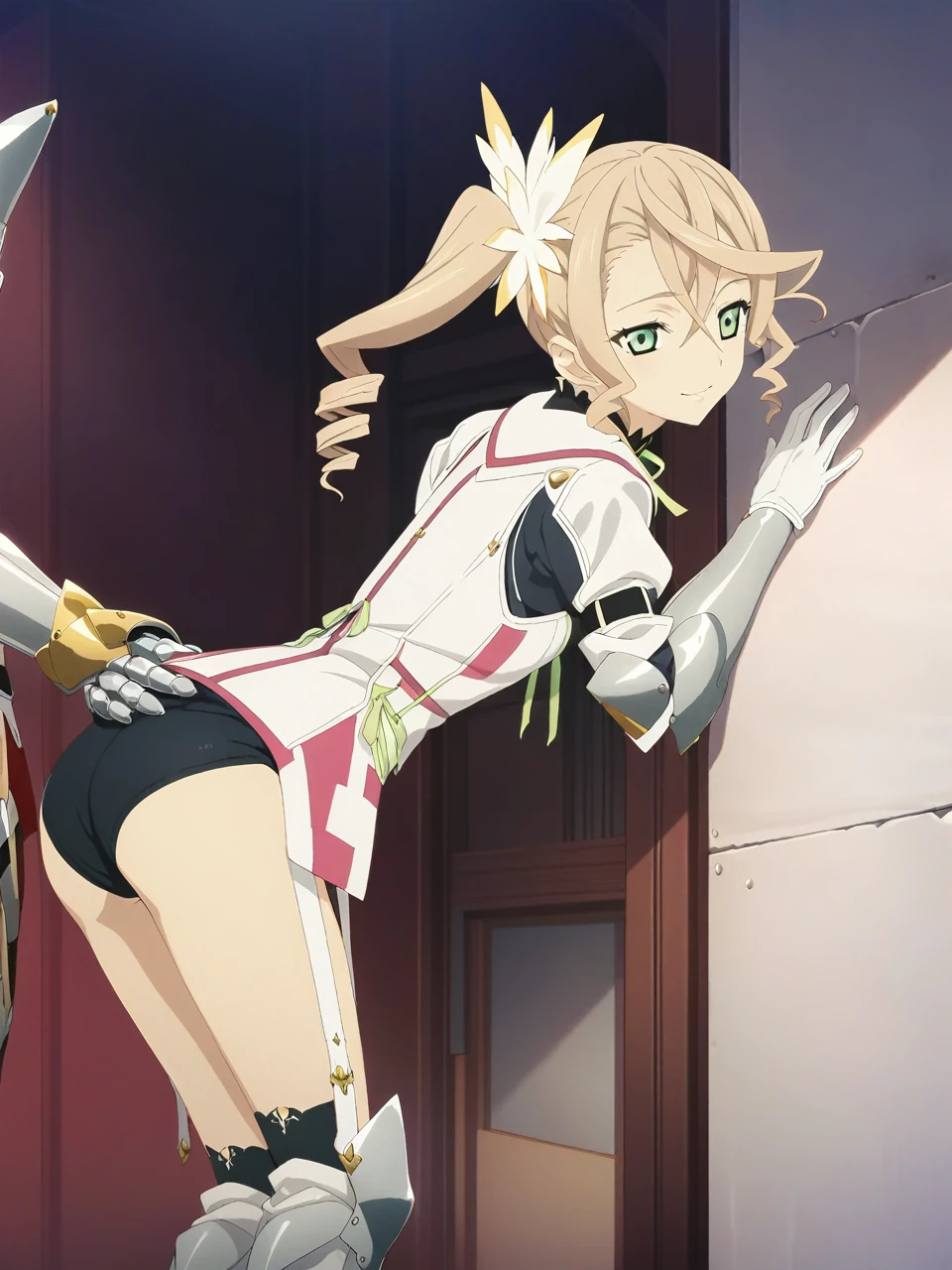 NSFW:1.5,(from back),adarmor, Blonde, Side Ponytail, Green Eyes, armor, Neck ribbon, Black shorts, Garter Straps, Gauntlet, gloves, Greaves, One girl, chest wall, Game CG, Anime screenshots, Official Art, masterpiece, Highest quality,seductive smile,small breasts,stand,(leaning forward:1.3), (hands on thighs:1.3),(Stick your ass out),grabbing another's ass