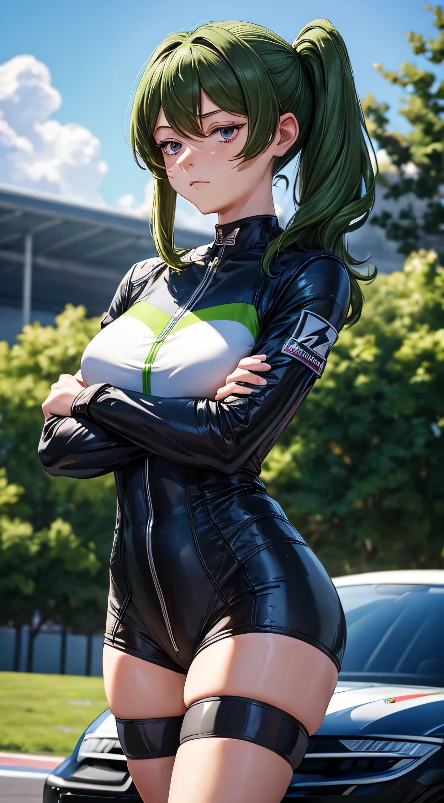 Female racer in Black racing suit stands in front of Green and Black racing car　Green Hair　Side Ponytail 　 UbelFrieren　Monza Circuit　Standing with arms crossed　Portraiture　Portrait