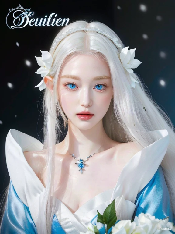 The beautiful body of the white goddess with humanoid blue eyes is very attractive at the age of flowers，white colors