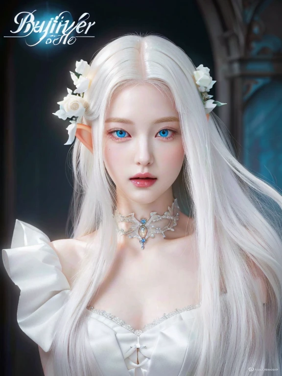 a close up of a doll with long white hair and blue eyes, Beautiful and elegant elf queen, porcelain white skin, detailed white long hair, pale porcelain white skin, portrait of an elf queen, 8K high quality detailed art, hyper detailed fantasy character, pale, snow-white skin, pale milky white porcelain skin, ethereal beauty, with long white hair, with long white hair