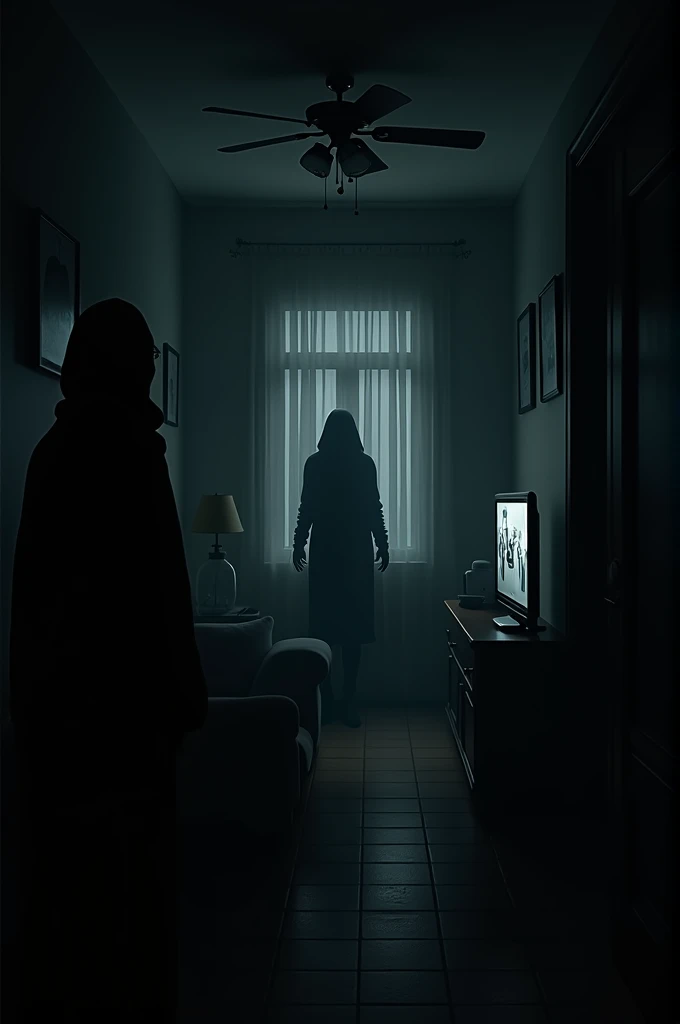 Studio with paintings, scary, horror, dark theme, dark, night, low lighting, dark blue colors,