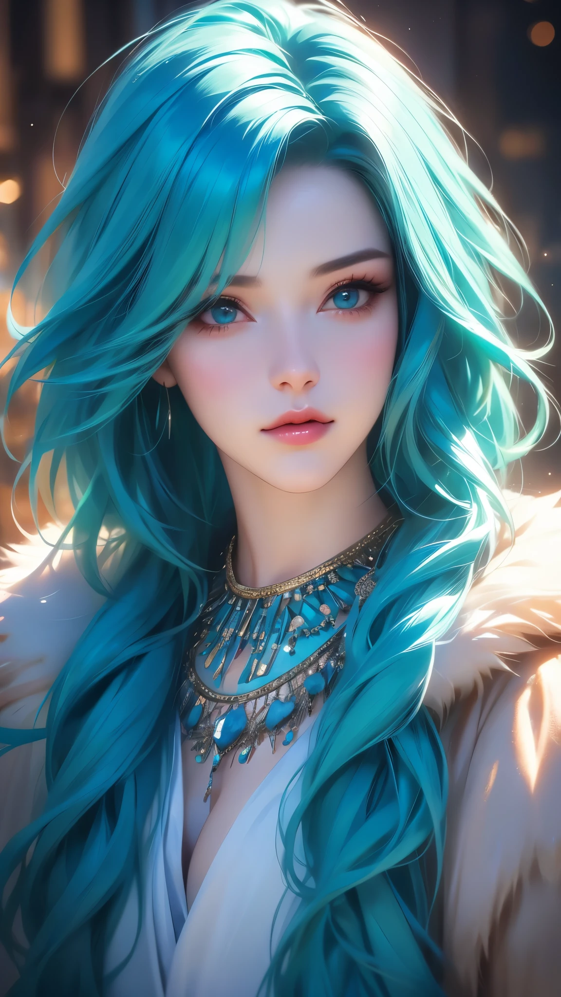 a beautiful young woman with aqua blue hair, wearing a fur-trimmed jacket, a necklace, and makeup, looking directly at the viewer, detailed facial features, realistic, photorealistic, masterpiece, high quality, 8k, ultra-detailed, vibrant colors, dramatic lighting