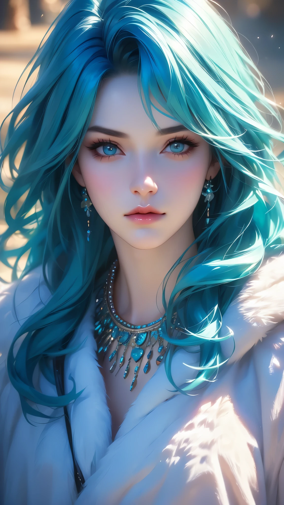 a beautiful young woman with aqua blue hair, wearing a fur-trimmed jacket, a necklace, and makeup, looking directly at the viewer, detailed facial features, realistic, photorealistic, masterpiece, high quality, 8k, ultra-detailed, vibrant colors, dramatic lighting