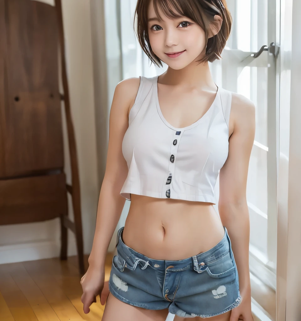 With the best image quality、 girl standing in room。Black Hair Bob Hair、Cute smile with mouth closed.。(tiny chest)、White camisole、Denim panties