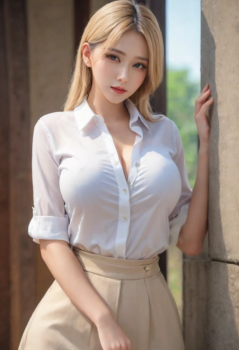 (Highest quality、4K、8k、High resolution、masterpiece:1.2)、Very detailed、(Genuine、Realistic、Realistic:1.37)、Beautiful girls、blonde、(undercut)、Big Breasts、No sleeve、Collared shirt、Open shirt