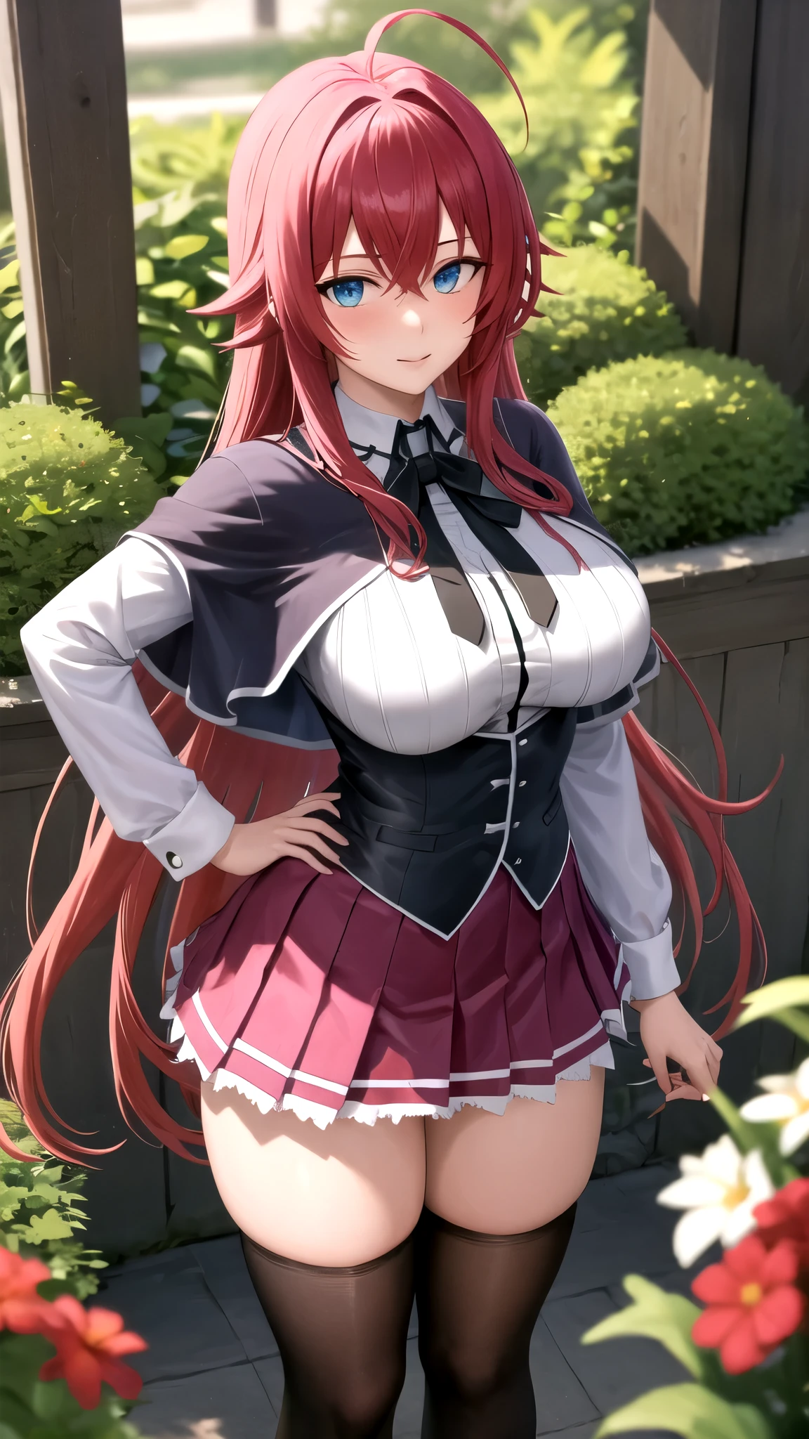 ((masterpiece, best quality)), insaneres, absurdres, solo, looking at viewer, 
ANIME_DxD_Rias_Gremory_ownwaifu, 
1girl, bangs, long hair, red hair, breasts, large breasts, rias gremory, blue eyes, hair between eyes, very long hair, collarbone, hair intakes,  hair over breasts, 
black capelet, black corset, collared shirt, kuoh academy school uniform, layered skirt, underbust, school uniform, skirt, shirt, long sleeves, purple skirt, ribbon, miniskirt, neck ribbon, thighhighs, black ribbon, 
(portrait, close-up)depth of field, vanishing point, garden, sidelighting,