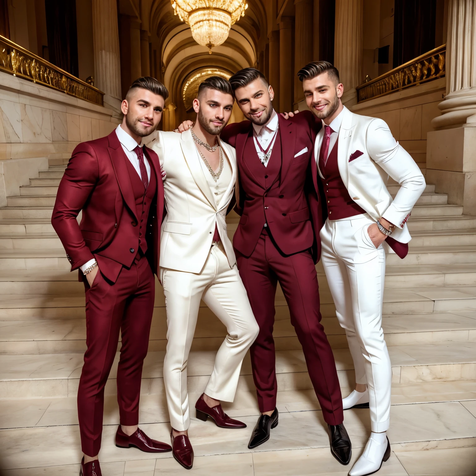 Realistic photo, full view full body, three different High-end white european dapper gay guys , with dapper undercut haircuts, huge bimbo lips, wearing the best hype finest dapper suits and finest elegant shoes and finest thinest burgundy socks, dapper jewelery and rings,necklaces, bracelets, sprawled on big stairs, posing at Fashion week front Grand-Palais in Paris, arrogantly smiling showing off most whitest teeth ever,  grabing, kissing, embracing, horny 