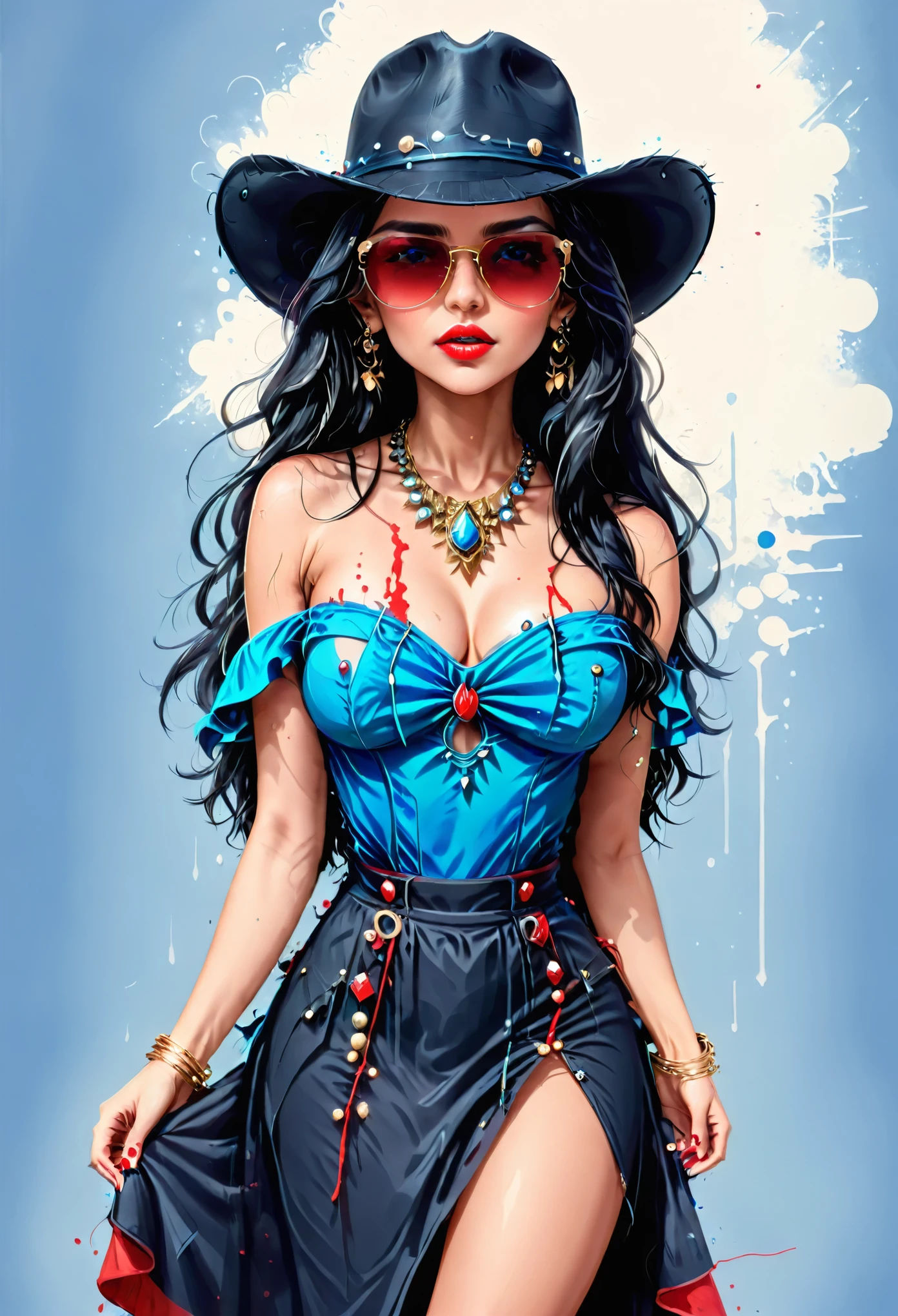 digital art, 1girl, solo, long_hair, black_hair, hat, dress, bare_shoulders, jewelry, medium_breasts, collarbone, cowboy_shot, earrings, sleeveless, nail_polish, makeup, blue_dress, sunglasses, lipstick, side_slit, blue_nails, skirt_hold, red_lips, soft brushstrokes, heavy strokes, dripping paint,