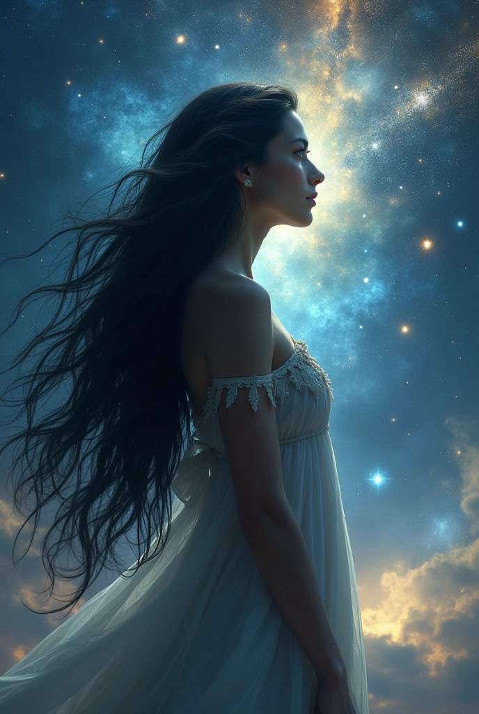 The image.about humanity, the universe and its thoughts on the unknown Give me another more beautiful and mysterious image with a female character with long, wavy black hair .
A brunette woman, long, wavy black hair and in a context about the mysteries of the universe