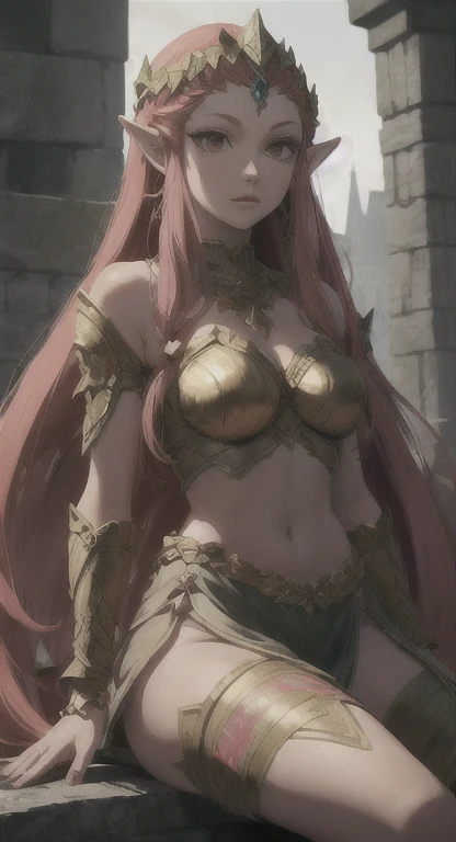 Hylian goddess Rionyx, red hair, yellow eyes, looking at viewer, ancient goddess armor, 