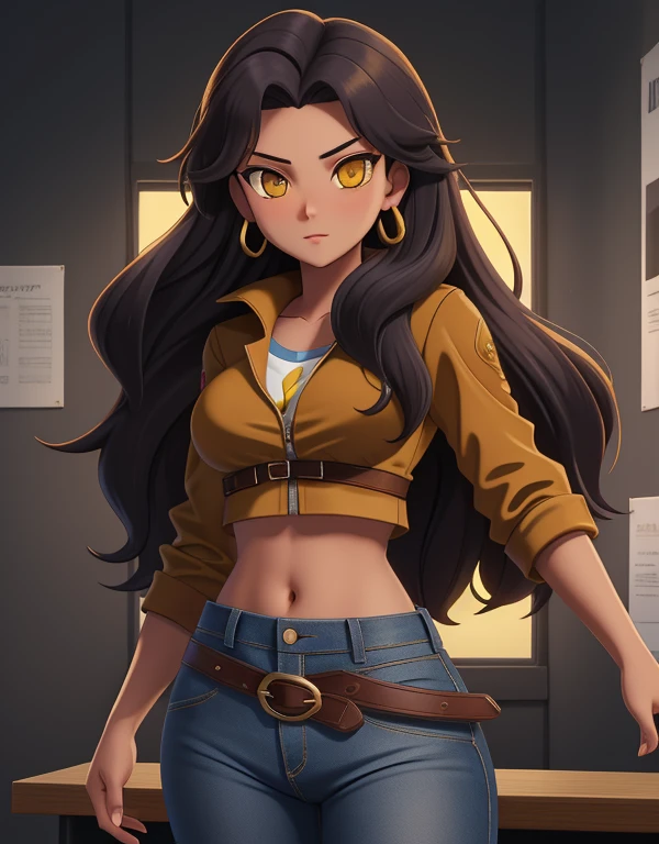 1girl, solo, mixed race Nicaraguan-Navajo woman, 24yo, wavy hair, brown hair, (yellow eyes:1.5), tan-bronze skin, athletic figure, strong muscles, medium breasts BREAK She’s wearing early 2000's fashion: opened red jacket, black tank-top,(midriff), belt, jeans BREAK looking at viewer, BREAK set in the early 2000’s, BREAK (masterpiece:1.2), best quality, high resolution, unity 8k wallpaper, (illustration:0.8), (beautiful detailed eyes:1.6), extremely detailed face, perfect lighting, extremely detailed CG, (perfect hands, perfect anatomy),
