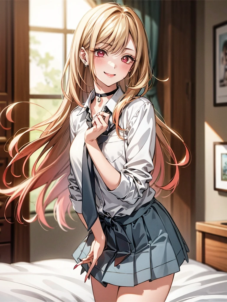 ((Master quality, 8K, masterpiece:1.3, ultra-detailed, high resolution, RAW Photos, detailed , blurry, Actual, ((hyper realistic)), photo, HDR)), BREAK, Anatomically perfect, perfect hands, perfect legs, perfect feet, detailed eyes, BREAK, , kitagawa marin, ((blond long hair, red eyes)) , gyaru, blush, , One girl alone, BREAK, beautiful face, beautiful detailed eyes, , ((( half undress ))), , ( Round and Stacked Breasts, ), Cleavage, , , slim waist, (((, seductive smile ))), Sweat-soaked skin, BREAK, wearing( ,  , school uniform, , white shirt, Navy Blue skirt , jewelry , , ear piercing, earrings, black choker , collared shirt, , nail polish, sparkle, long fingernails, fingernails, , pink nails, , sleeves rolled up, barbell piercing, black necktie, lace bra, , Wet:1.5, ), , BREAK, ( Random Angle, full-body, ), dynamic angle, , background(Realistic , cinematic lighting, depth of field, indoor, herroom, bed, Contemporary style hobby room, lots of anime posters, A flirty atmosphere, , , light particles)