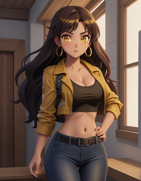 1girl, solo, mixed race Nicaraguan-Navajo woman, 24yo, wavy hair, brown hair, (yellow eyes:1.5), tan-bronze skin, athletic figure, strong muscles, medium breasts BREAK She’s wearing early 2000's fashion: opened red jacket, black tank-top,(midriff), belt, jeans BREAK looking at viewer, BREAK set in the early 2000’s, BREAK (masterpiece:1.2), best quality, high resolution, unity 8k wallpaper, (illustration:0.8), (beautiful detailed eyes:1.6), extremely detailed face, perfect lighting, extremely detailed CG, (perfect hands, perfect anatomy),
