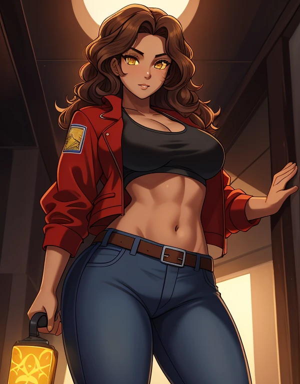 1girl, solo, mixed race Nicaraguan-Navajo woman, 24yo, wavy hair, brown hair, (yellow eyes:1.5), tan-bronze skin, athletic figure, strong muscles, medium breasts BREAK She’s wearing early 2000's fashion: opened red jacket, black tank-top,(midriff), belt, jeans BREAK looking at viewer, BREAK set in the early 2000’s, BREAK (masterpiece:1.2), best quality, high resolution, unity 8k wallpaper, (illustration:0.8), (beautiful detailed eyes:1.6), extremely detailed face, perfect lighting, extremely detailed CG, (perfect hands, perfect anatomy),
