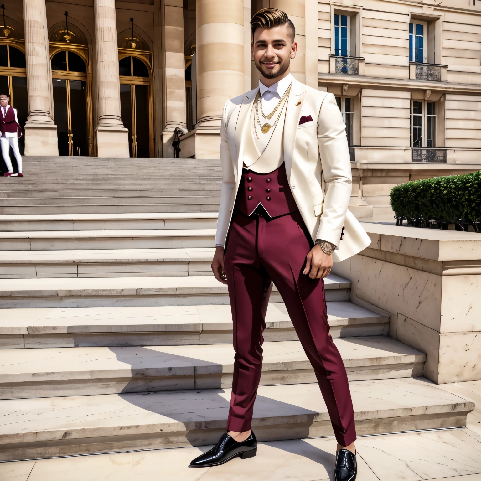 Realistic photo, full view full body, three different High-end white european dapper gay guys , with dapper undercut haircuts, huge bimbo lips, wearing the best hype finest dapper suits and finest elegant shoes and finest thinest burgundy socks, dapper jewelery and rings,necklaces, bracelets, sprawled on big stairs, posing at Fashion week front Grand-Palais in Paris, arrogantly smiling showing off most whitest teeth ever, grabing, kissing, embracing, horny 