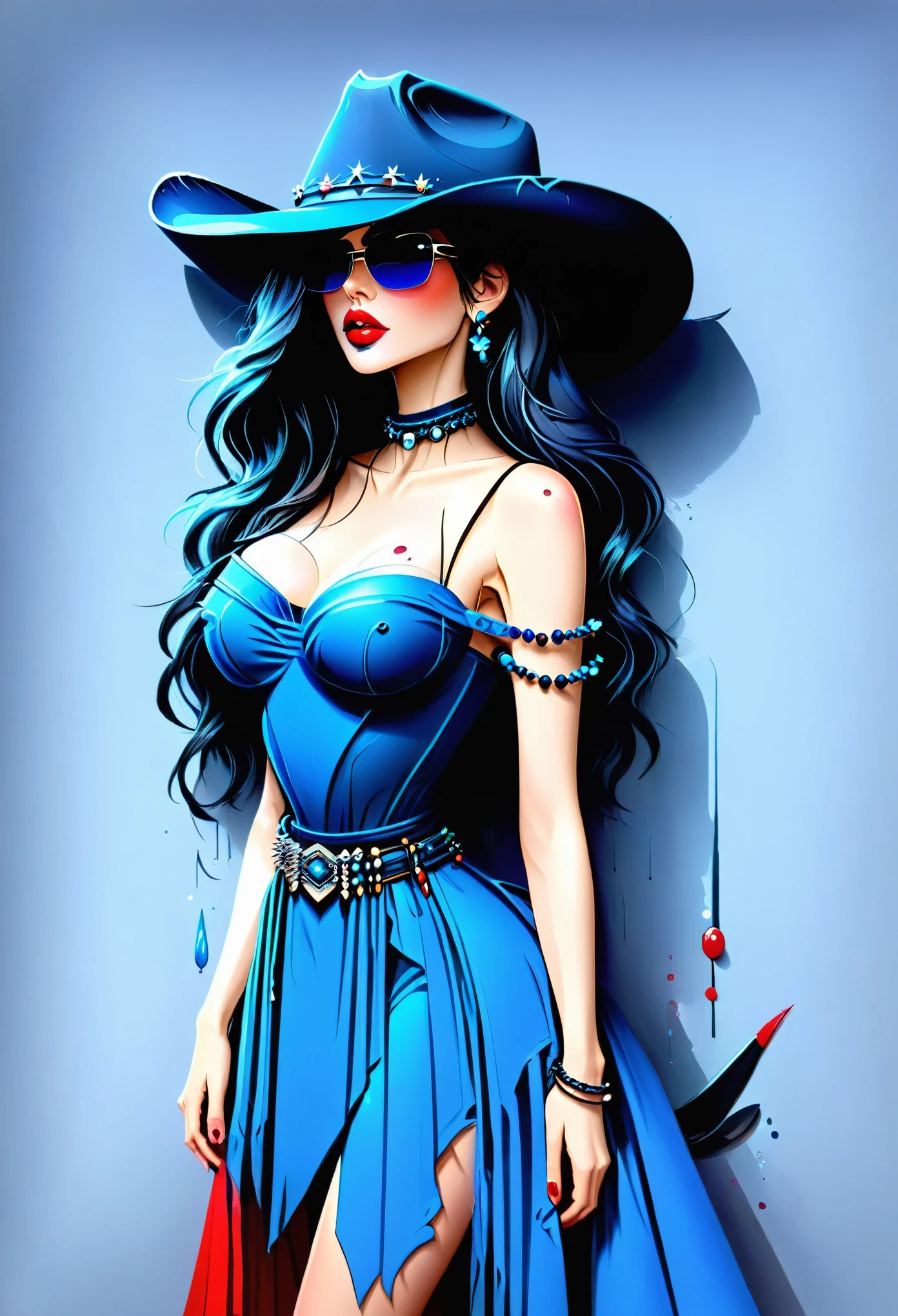 digital art, 1girl, solo, long_hair, black_hair, hat, dress, bare_shoulders, jewelry, medium_breasts, collarbone, cowboy_shot, earrings, sleeveless, nail_polish, makeup, blue_dress, sunglasses, lipstick, side_slit, blue_nails, skirt_hold, red_lips, soft brushstrokes, heavy strokes, dripping paint,