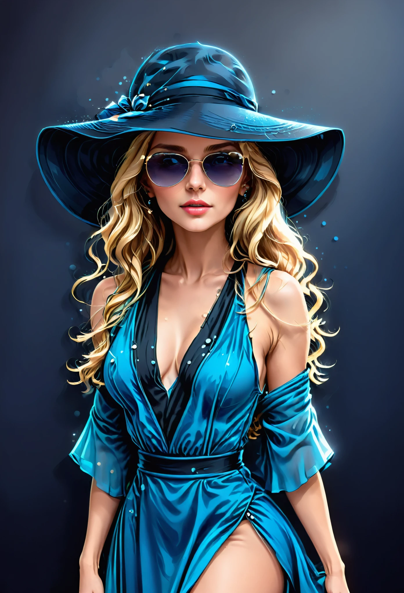 The image is a digital illustration of a young woman wearing a blue dress and a large black hat. The dress is form-fitting and has a deep V-neckline with a plunging neckline. The skirt of the dress is flowing behind her, creating a dramatic silhouette. She is also wearing large sunglasses and has long blonde hair that is styled in loose waves. The background is black with small white dots scattered throughout, giving the image a dreamy and ethereal feel. The overall color scheme of the image is blue and black, making the woman stand out.