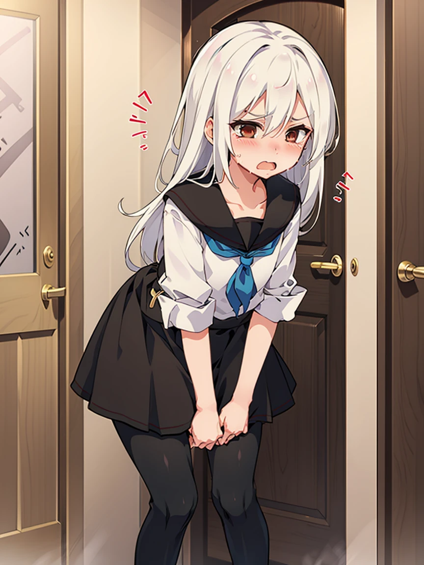 kikuzukikc, white hair, brown eyes, hair between eyes, long hair, black serafuku, neckerchief, skirt, pantyhose, 1 small girl, (flat chest, short stature:1.3), solo, looking at viewer
BREAK 
(sfw:1.3), have to pee, hand between legs, leaning forward, pigeon-toed, (trembling:1.3), 
BREAK
(anger), (crying), (blush), (open your mouth:1.3), wavy mouth
BREAK
official art, Portrait, official art, best masterpiece, best quality, best resolution, 8K, best detailed, perfect anatomy
BREAK
(door, workroom), very fine and detailed 16KCG wallpapers