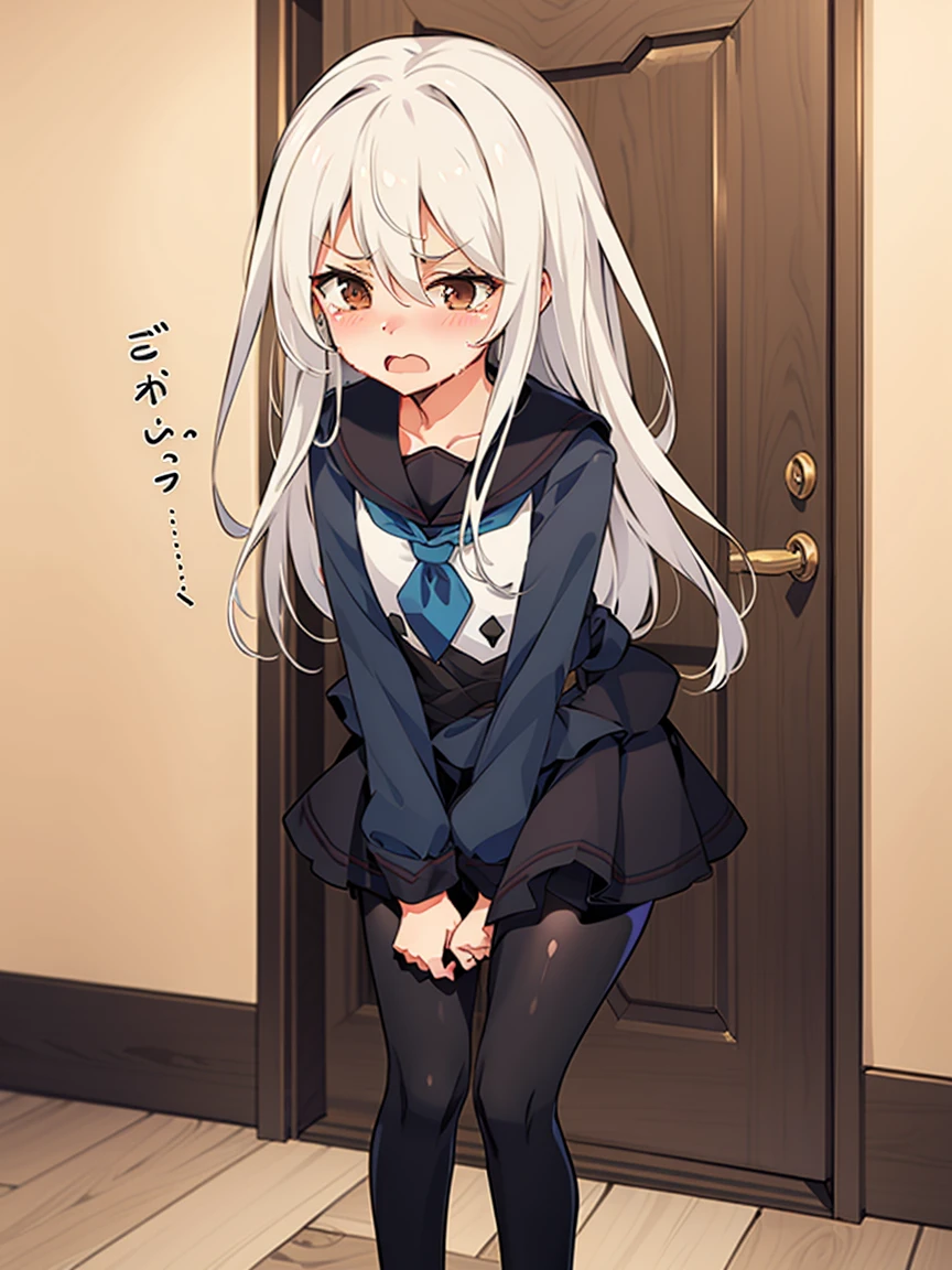 kikuzukikc, white hair, brown eyes, hair between eyes, long hair, black serafuku, neckerchief, skirt, pantyhose, 1 small girl, (flat chest, short stature:1.3), solo, looking at viewer
BREAK 
(sfw:1.3), have to pee, hand between legs, leaning forward, pigeon-toed, (trembling:1.3), 
BREAK
(anger), (crying), (blush), (open your mouth:1.3), wavy mouth
BREAK
official art, Portrait, official art, best masterpiece, best quality, best resolution, 8K, best detailed, perfect anatomy
BREAK
(door, workroom), very fine and detailed 16KCG wallpapers