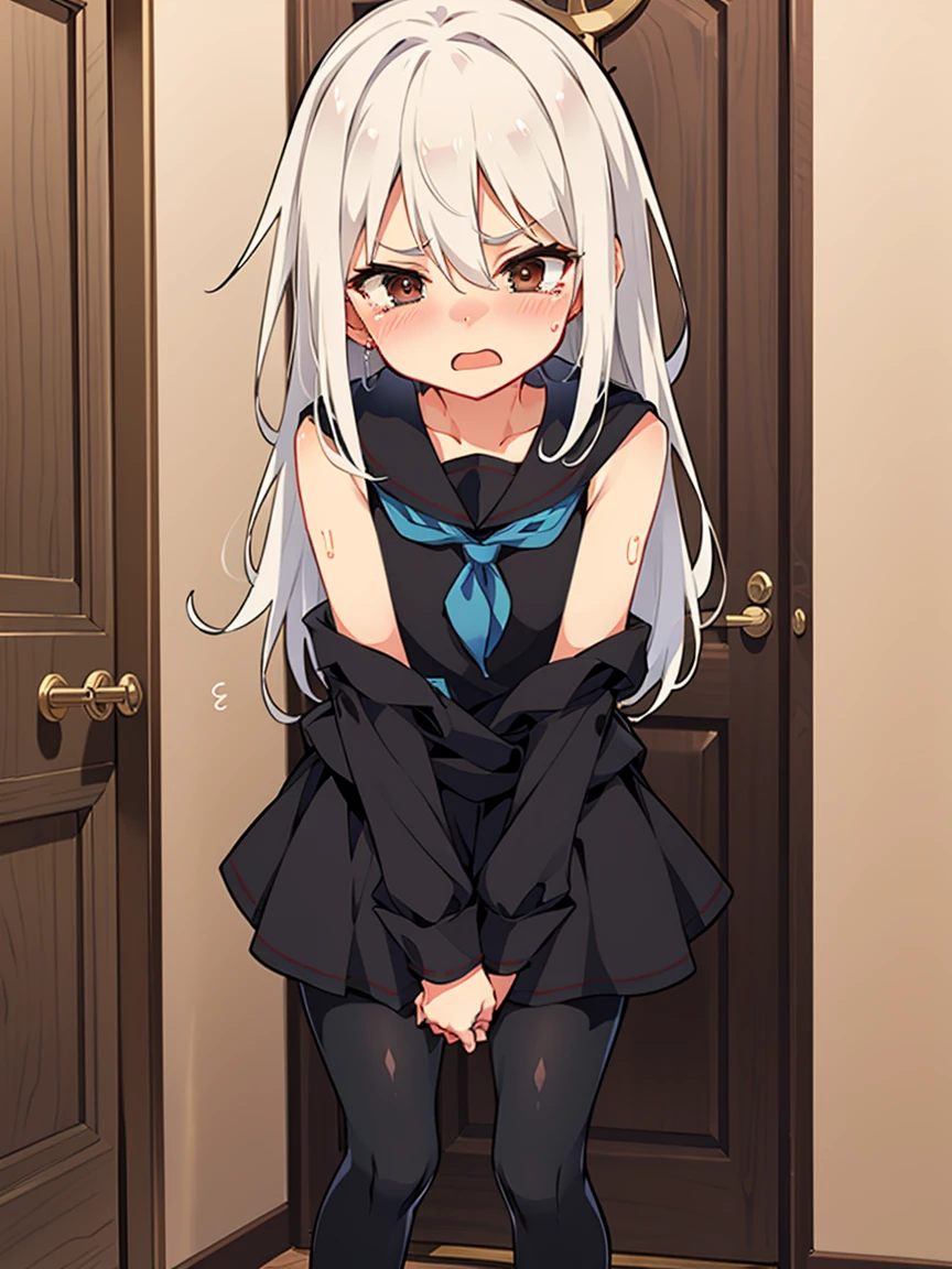 kikuzukikc, white hair, brown eyes, hair between eyes, long hair, black serafuku, neckerchief, skirt, pantyhose, 1 small girl, (flat chest, short stature:1.3), solo, looking at viewer
BREAK 
(sfw:1.3), have to pee, hand between legs, leaning forward, pigeon-toed, (trembling:1.3), 
BREAK
(anger), (crying), (blush), (open your mouth:1.3), wavy mouth
BREAK
official art, Portrait, official art, best masterpiece, best quality, best resolution, 8K, best detailed, perfect anatomy
BREAK
(door, workroom), very fine and detailed 16KCG wallpapers