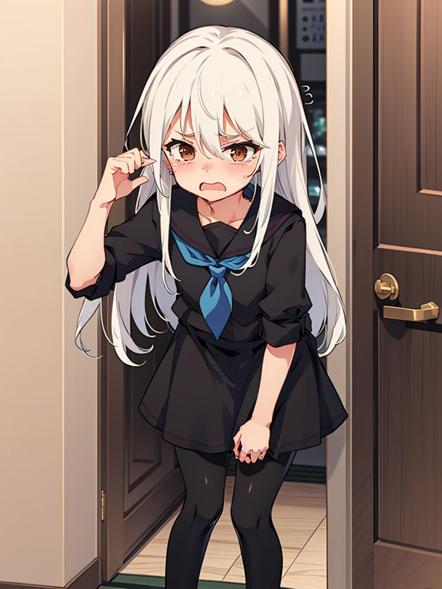 kikuzukikc, white hair, brown eyes, hair between eyes, long hair, black serafuku, neckerchief, skirt, pantyhose, 1 small girl, (flat chest, short stature:1.3), solo, looking at viewer
BREAK 
(sfw:1.3), have to pee, hand between legs, leaning forward, pigeon-toed, (trembling:1.3), 
BREAK
(anger), (crying), (blush), (open your mouth:1.3), wavy mouth
BREAK
official art, Portrait, official art, best masterpiece, best quality, best resolution, 8K, best detailed, perfect anatomy
BREAK
(door, workroom), very fine and detailed 16KCG wallpapers