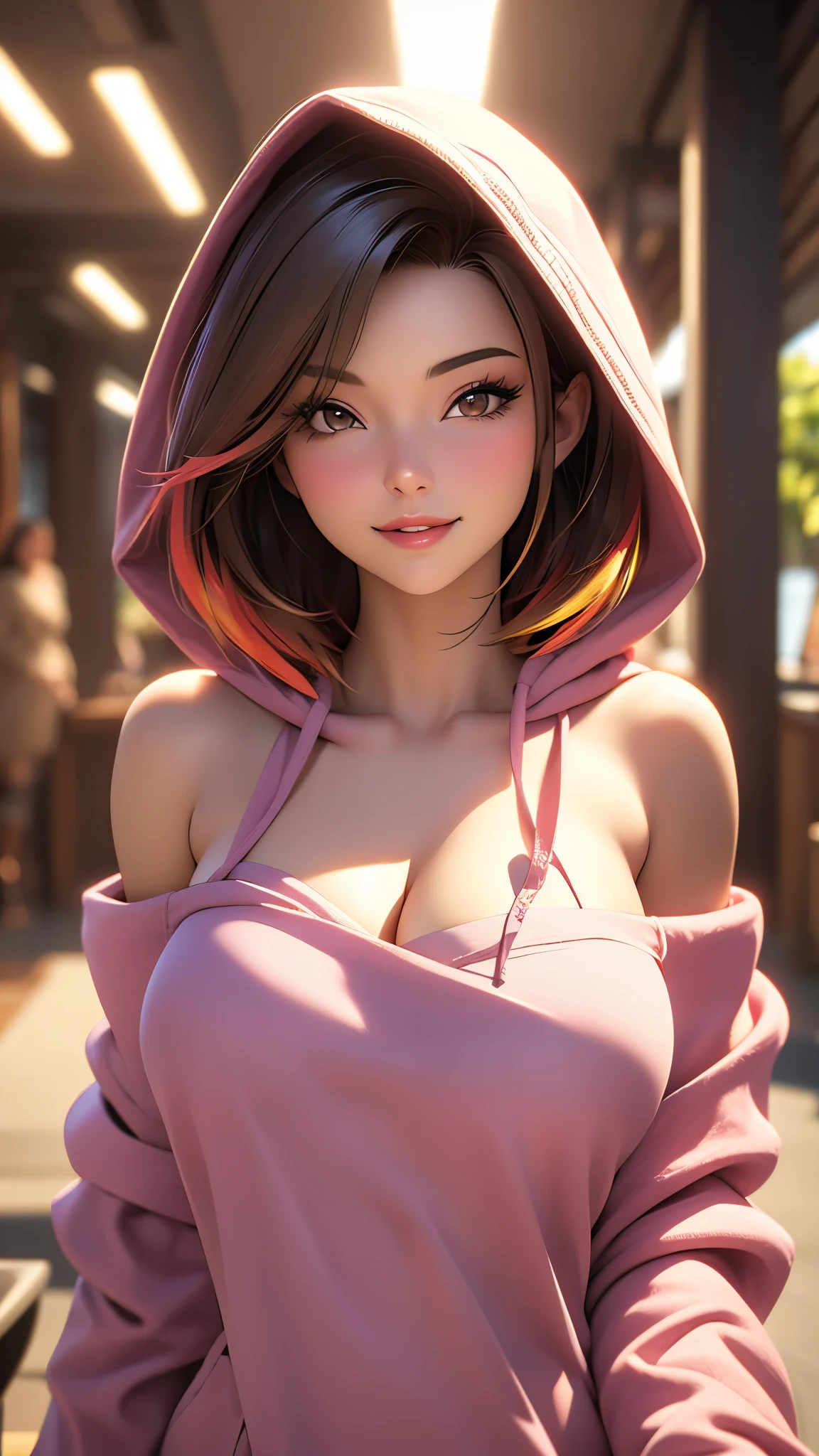 A beautiful woman with huge breasts, covered nipples and multicolored hair, blurry focus, depth of field, blurry foreground and background, realistic, looking directly at the viewer, brown eyes, brown hair, cleavage, medium breasts, off-shoulder hoodie, smiling, POV shot, 3D, bare shoulders, indoors, short hair, hood down