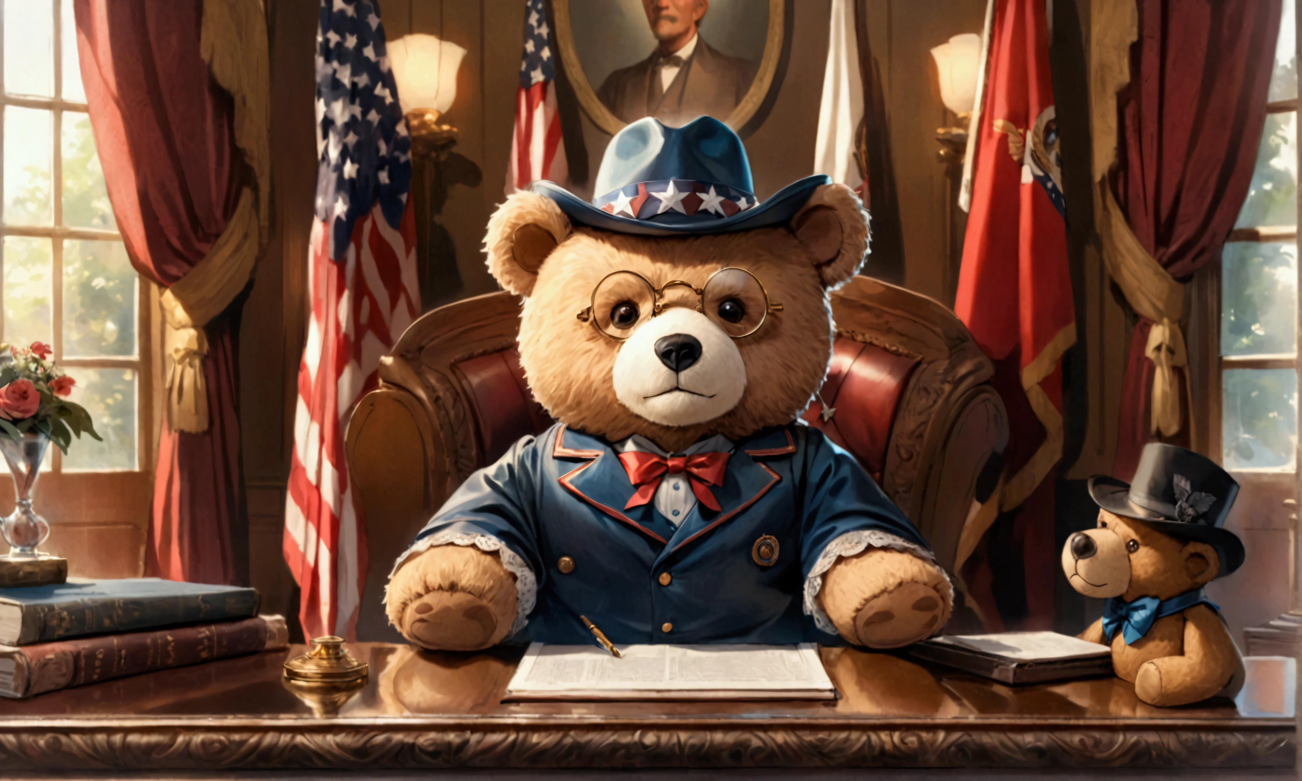 A high-fidelity, whimsical depiction of a teddy bear seated in the Oval Office, dressed in the iconic attire of President Theodore Roosevelt. The teddy bear, with soft fur and a charming expression, dons Roosevelt's signature glasses and monocle, a formal suit, and a classic cowboy hat, perfectly capturing the essence of the historical figure in a playful, imaginative way. The grand setting of the Oval Office is rendered in meticulous detail, with the presidential desk, flags, and polished wooden floors bathed in warm, natural light filtering through the large windows. The bear sits proudly behind the presidential desk, exuding a sense of authority and charm, its tiny paws resting on papers scattered across the desk, as if mid-task in its presidential duties. The iconic room's details, from the rich textures of the drapes to the elegant decor, add depth to the scene. Subtle specular highlights gleam off the polished surfaces, giving the room a lifelike realism. The composition seamlessly blends history, whimsy, and charm, presenting a delightful fantasy of a teddy bear stepping into the shoes of a beloved American president.