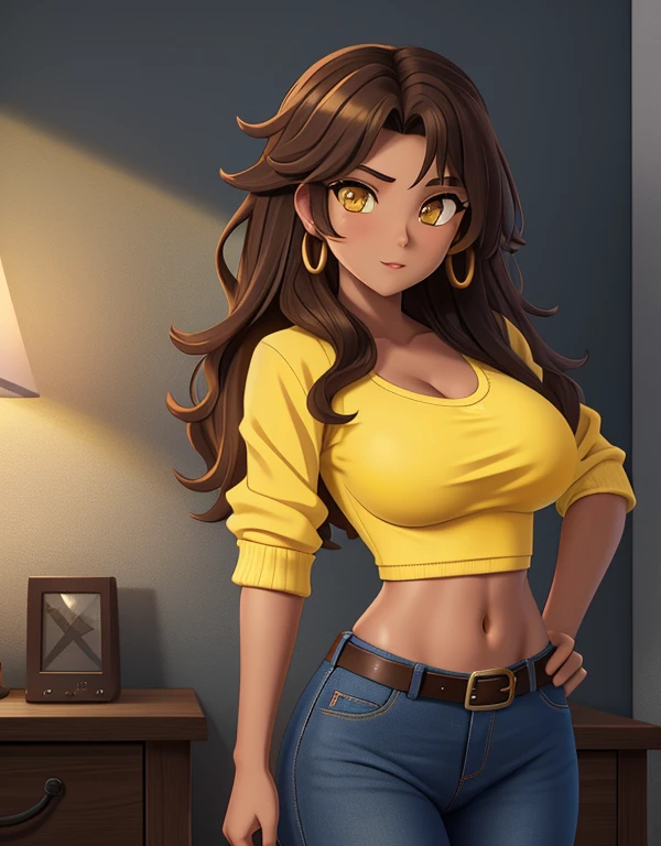 1girl, solo, mixed race Nicaraguan-Navajo woman, 24yo, wavy hair, brown hair, (yellow eyes:1.5), tan-bronze skin, athletic figure, strong muscles, medium breasts BREAK She’s wearing early 2000's fashion: opened red jacket, black tank-top,(midriff), belt, jeans BREAK looking at viewer, BREAK set in the early 2000’s, BREAK (masterpiece:1.2), best quality, high resolution, unity 8k wallpaper, (illustration:0.8), (beautiful detailed eyes:1.6), extremely detailed face, perfect lighting, extremely detailed CG, (perfect hands, perfect anatomy),
