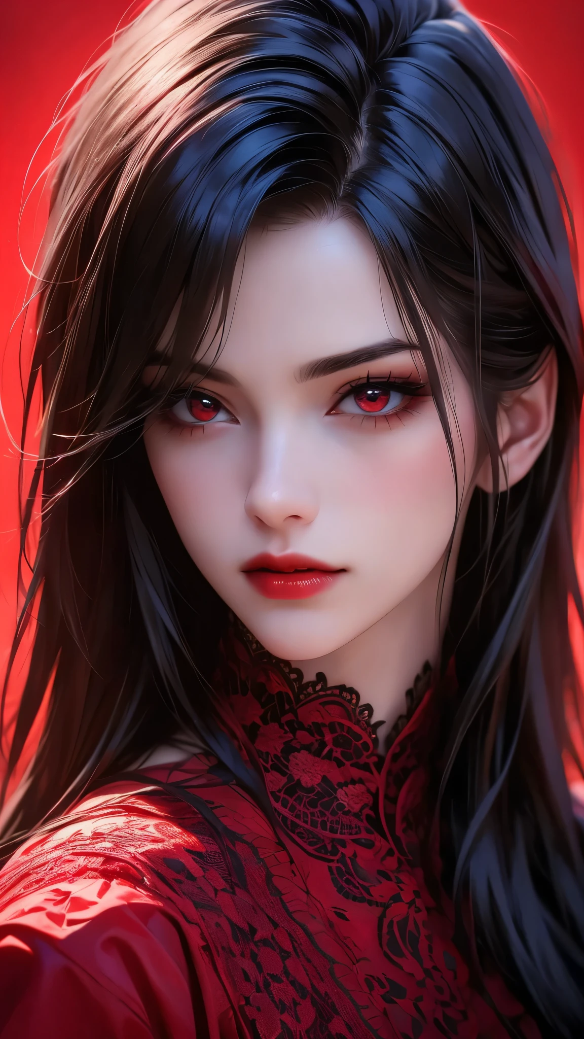 a beautiful vampire girl with black hair and red eyes, wearing a lace-trimmed red dress and elbow gloves, looking directly at the viewer with red lips, on a red background, (best quality,4k,8k,highres,masterpiece:1.2),ultra-detailed,(realistic,photorealistic,photo-realistic:1.37),detailed eyes,detailed lips,extremely detailed face,longeyelashes,solo,portrait,dark fantasy,dramatic lighting,vivid colors