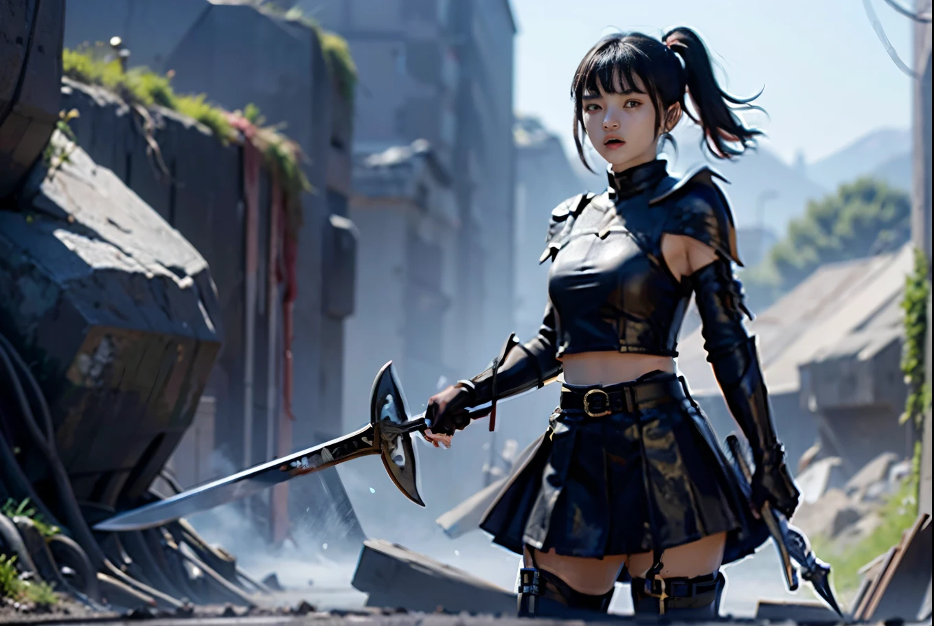 official art,extremely detailed CG unity 8k wallpaper, best quality,masterpiece, highres,{{guro}},{{bloody}},{{1vs1_sword_duel}},{{{girl_and_enemy_both_kill_eachother_simultaneously_in_sword_duel}}},after_duel,girl_injured,{{wounds_on_belly}},{{scar_on_belly}},cut_down,open_mouth,mortally_strike,impale,girl_dying,{{enemy_deadbody}},open_mouth,1girl,shorthair,blackhair,grayeyes,ninja,longboots,miniskirt,gloves,sword,midriff,leather_armor,{{enemy_killed_by_girl}},{{girl_killed_by_enemy}},