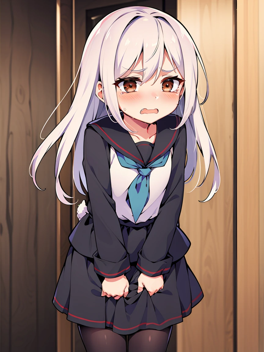 kikuzukikc, white hair, brown eyes, hair between eyes, long hair, black serafuku, neckerchief, skirt, pantyhose, 1 small girl, (flat chest, short stature:1.3), solo, looking at viewer
BREAK 
(sfw:1.3), have to pee, hand between legs, leaning forward, pigeon-toed, (trembling:1.3), 
BREAK
(sorrow), (crying), (blush), (open your mouth:1.3), wavy mouth, tears
BREAK
official art, Portrait, official art, best masterpiece, best quality, best resolution, 8K, best detailed, perfect anatomy
BREAK
(door, workroom), very fine and detailed 16KCG wallpapers