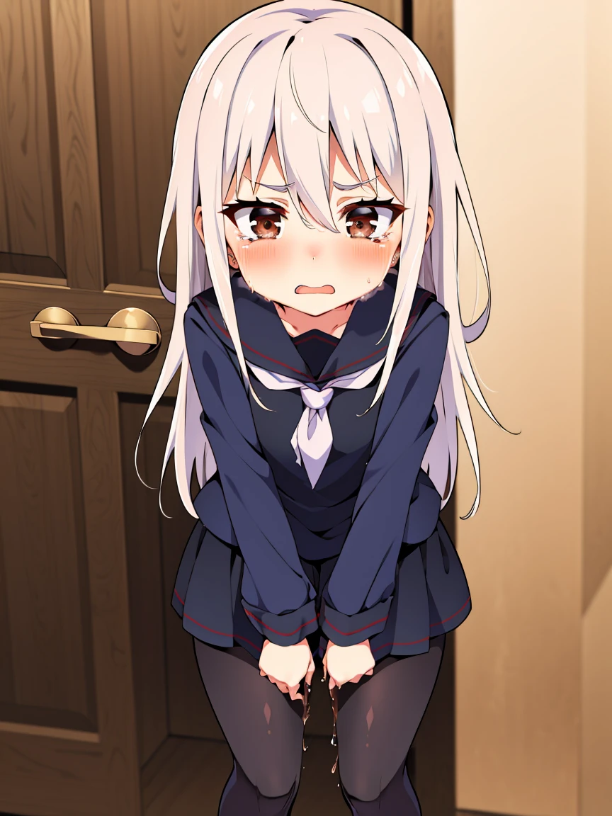 kikuzukikc, white hair, brown eyes, hair between eyes, long hair, black serafuku, neckerchief, skirt, pantyhose, 1 small girl, (flat chest, short stature:1.3), solo, looking at viewer
BREAK 
(sfw:1.3), have to pee, hand between legs, leaning forward, pigeon-toed, (trembling:1.3), 
BREAK
(sorrow), (crying), (blush), (open your mouth:1.3), wavy mouth, tears
BREAK
official art, Portrait, official art, best masterpiece, best quality, best resolution, 8K, best detailed, perfect anatomy
BREAK
(door, workroom), very fine and detailed 16KCG wallpapers