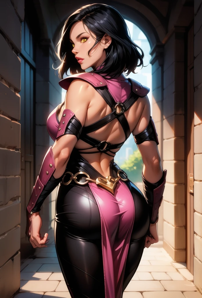 perfect eyes:1.2, detailed eyes:1.4, Mileenamk10, Mileena, lips, exposed cheek, extra teeth, black hair, medium hair, yellow eyes, slit pupils, glowing eyes, hair over one eye, pink top, o-ring, stitched, leather armor, tight black pants, pelvic curtain, sash, chain belt, cowboy shot, 1girl, solo, (masterpiece:1.6, best quality), 8k, insane details, intricate details, hyperdetailed, hyper quality, high detail, ultra detailed, professional, HDR, ray tracing reflection, cinematic lighting,