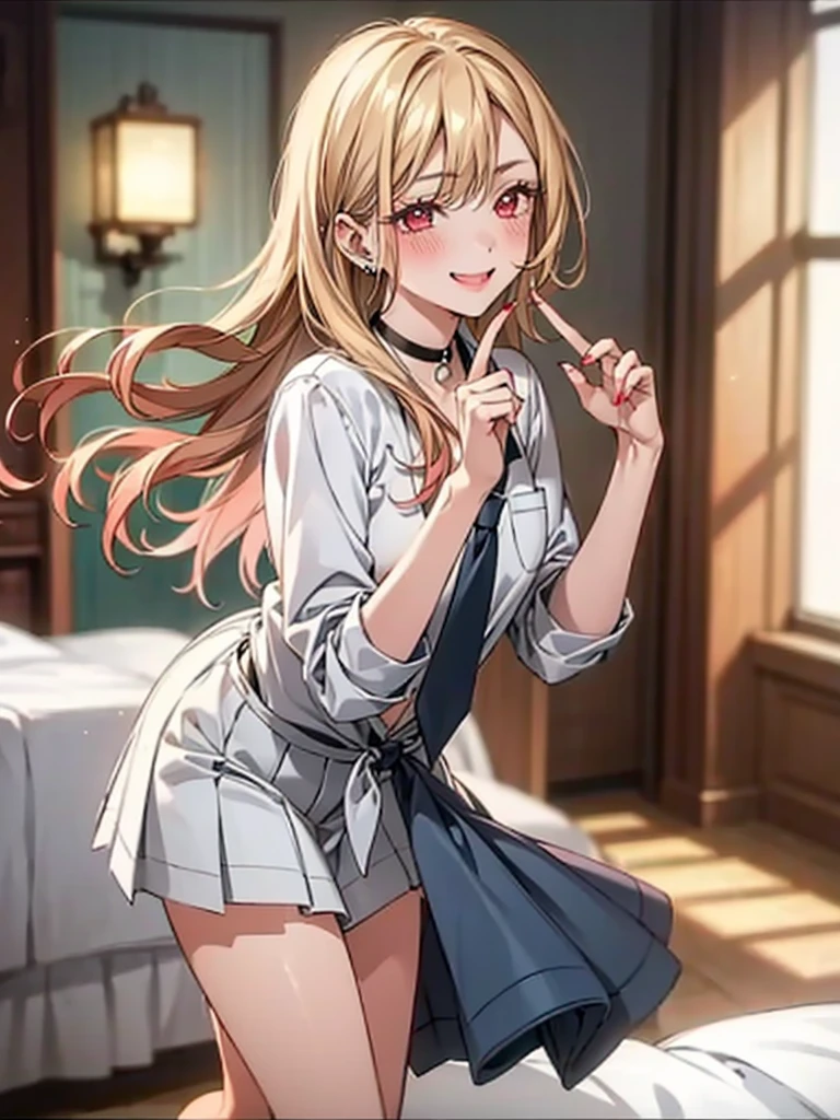 ((Master quality, 8K, masterpiece:1.3, ultra-detailed, high resolution, RAW Photos, detailed , blurry, Actual, ((hyper realistic)), photo, HDR)), BREAK, Anatomically perfect, perfect hands, perfect legs, perfect feet, detailed eyes, BREAK, , kitagawa marin, ((blond long hair, red eyes)) , gyaru, blush, , One girl alone, BREAK, beautiful face, beautiful detailed eyes, , ((( half undress ))), , ( Round and Stacked Breasts, ), Cleavage, , , slim waist, (((, seductive smile ))), Sweat-soaked skin, BREAK, wearing( ,  , school uniform, , white shirt, Navy Blue skirt , jewelry , , ear piercing, earrings, black choker , collared shirt, , nail polish, sparkle, long fingernails, fingernails, , pink nails, , sleeves rolled up, barbell piercing, black necktie, lace bra, , Wet:1.5, ), , BREAK, ( Random Angle, full-body, ), dynamic angle, , background(Realistic , cinematic lighting, depth of field, indoor, herroom, bed, Contemporary style hobby room, numerous anime posters, A flirty atmosphere, , , light particles)