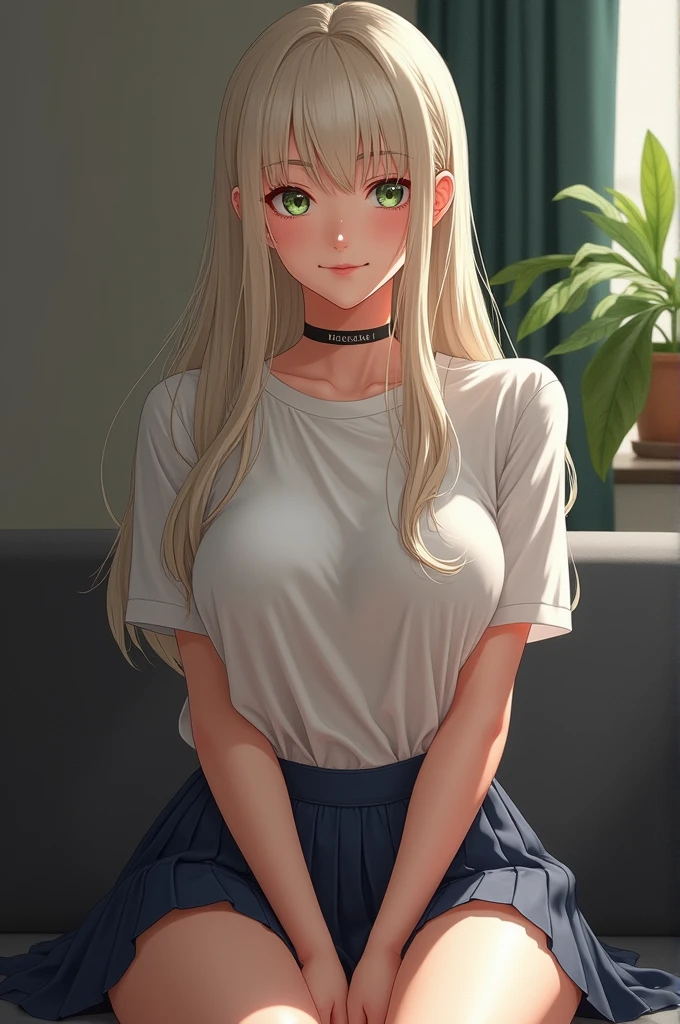 (masterpiece:1.2, best quality), (real picture, intricate details), 1lady, solo, upper body, casual, school setting, long hair, minimal makeup, natural fabrics, close-up face, smile, school, long light platinum blonde hair, bangs, hair bangs, bangs between eyes, green eyes, big breasts, big tits, big butt, skirt, cute and sexy, cute, sexy, sweaty, sweat, sweat on tits, sweat on thighs, detailed