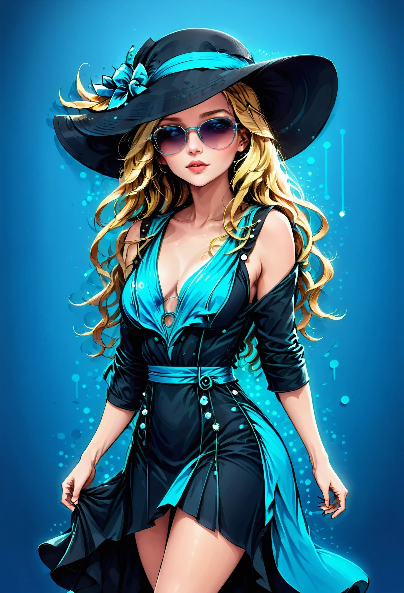 The image is a digital illustration of a young woman wearing a blue dress and a large black hat. The dress is form-fitting and has a deep V-neckline with a plunging neckline. The skirt of the dress is flowing behind her, creating a dramatic silhouette. She is also wearing large sunglasses and has long blonde hair that is styled in loose waves. The background is black with small white dots scattered throughout, giving the image a dreamy and ethereal feel. The overall color scheme of the image is blue and black, making the woman stand out.