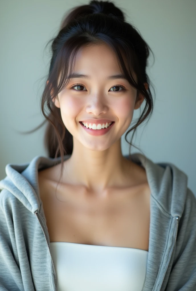 1 beautiful girl, mischievous grin, Bblack hair, fine nose, cute nose, joyful look, cheeks, small eyes, colorful t-shirt, photorrealistic, long dark hair, camsa v with highly detailed facial features, and realistic white skin tone.