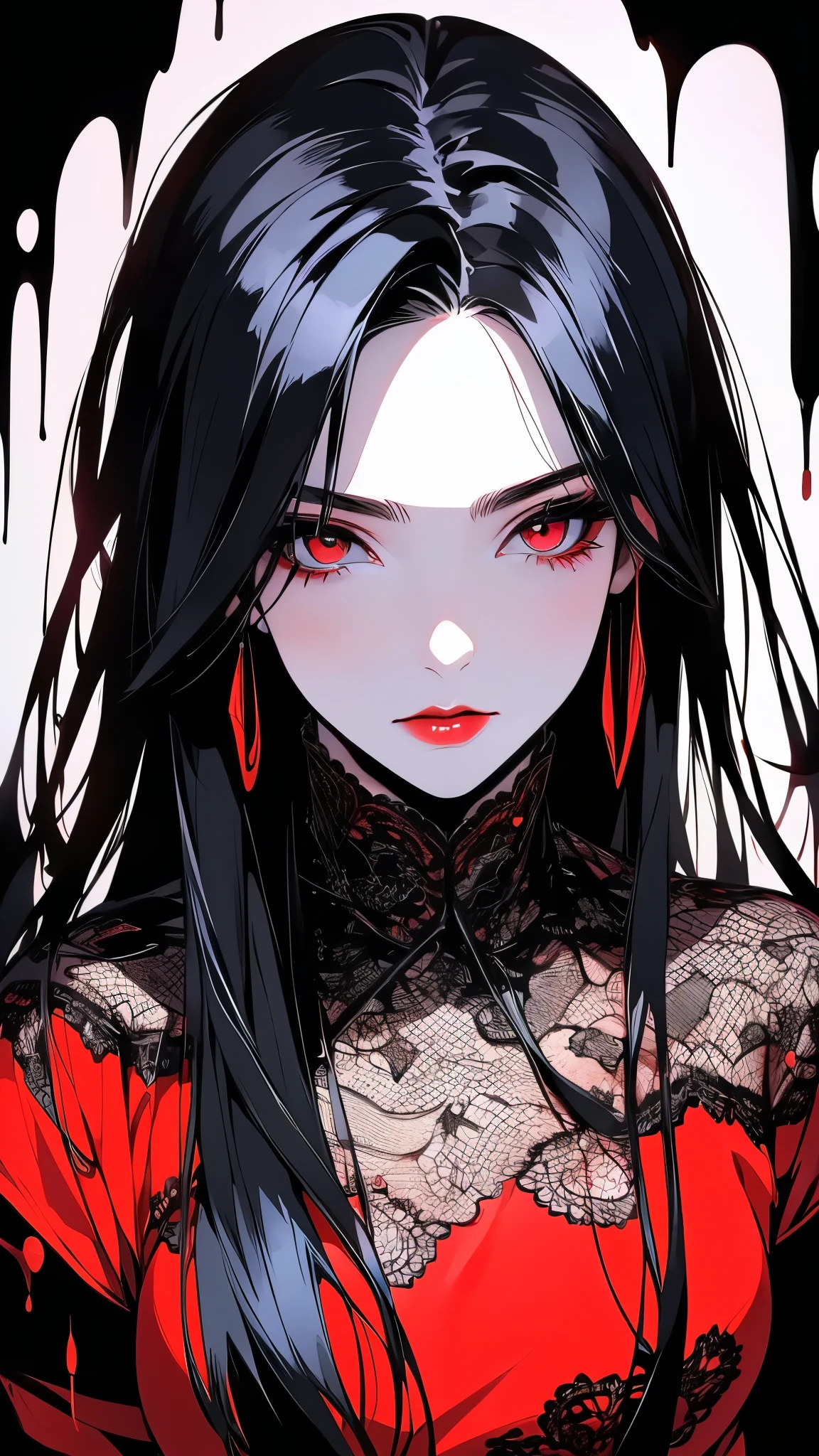 a beautiful vampire girl with black hair and red eyes, wearing a lace-trimmed red dress and elbow gloves, looking directly at the viewer, video game art style black graphics, drawing with liquid thick bloody black ink Sumi, style guó huà, effect of a wide brush Brush Pen, the effect of overlaying neon shadows, double exposure, monochrome noir, white cold background, art style drawing with colored neon pencil, hyperrealistic characters