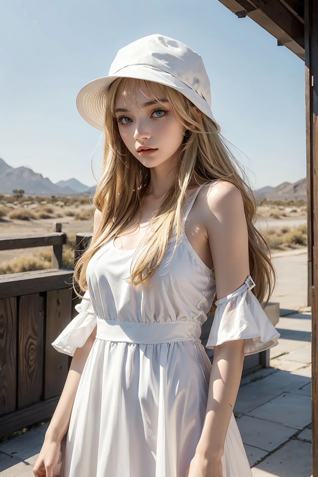 Blonde woman with long hair and bangs, blue eyes, hat on her head, white dress, looking at someone, fearless look, sky scene