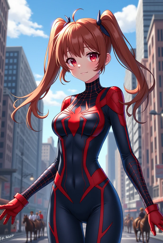 (work of art, best qualityer), details Intricate, 8k, art station, wall-paper, offcial art, splash art, sharp focus,, 1 girl, long hair, twintails, Eyes red, chestnut hair, ,  spider suit, spiderweb printing, spiderweb,  , skyscrapers, citys, buildings, carriages, Street,