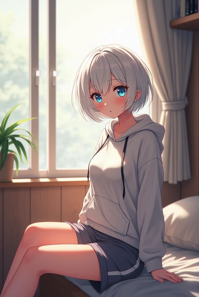An anime girl with short white hair and light blue eyes is sitting on her knees on a bed with no pants on, facing the camera.。Bedroom、dawn
