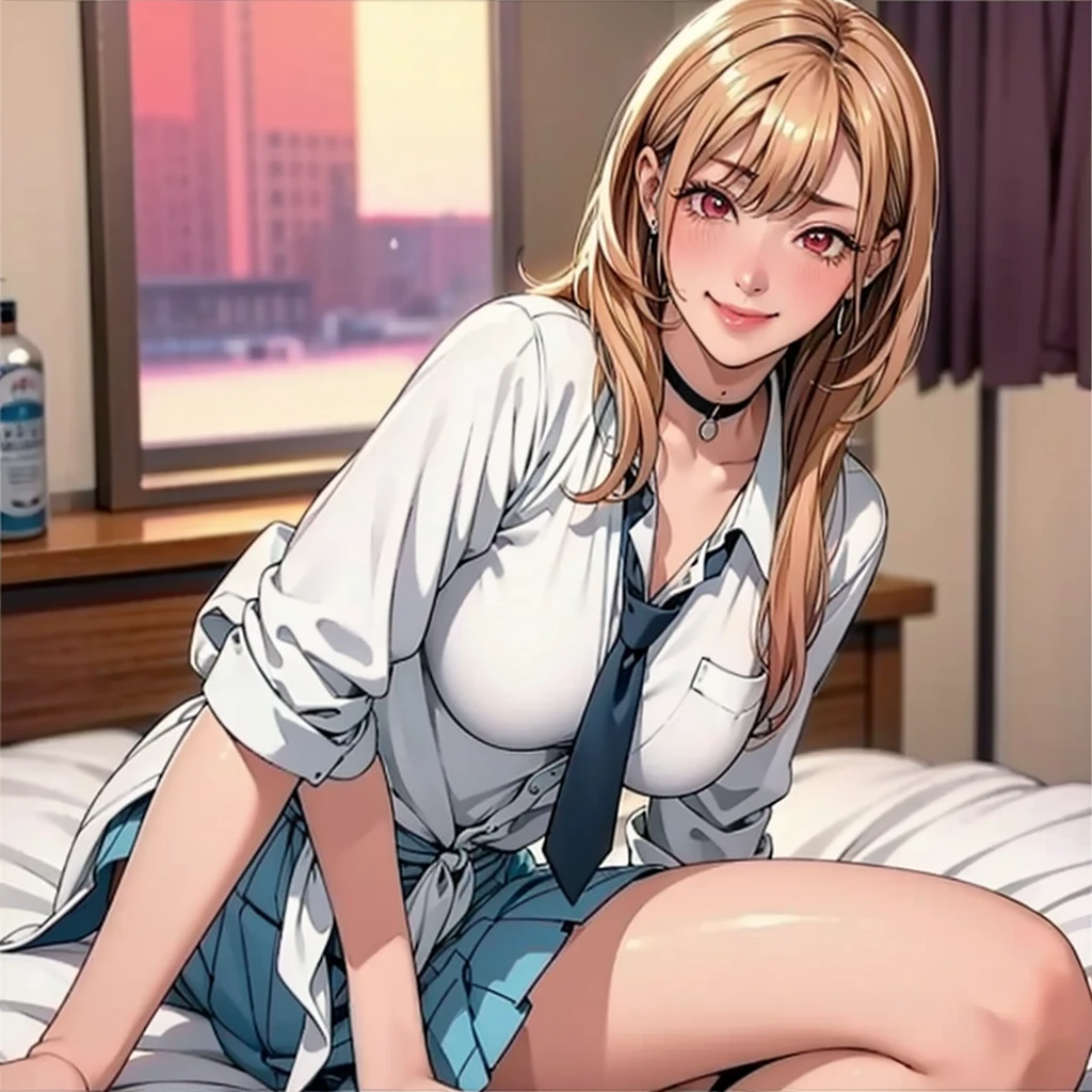 ((Master quality, 8K, masterpiece:1.3, ultra-detailed, high resolution, RAW Photos, detailed , blurry, Actual, ((hyper realistic)), photo, HDR)), BREAK, Anatomically perfect, perfect hands, perfect legs, perfect feet, detailed eyes, BREAK, , kitagawa marin, ((blond long hair, red eyes)) , gyaru, blush, , One girl alone, BREAK, beautiful face, beautiful detailed eyes, , ((( half undress ))), , ( Round and Stacked Breasts, ), Cleavage, , , slim waist, (((, seductive smile ))), Sweat-soaked skin, BREAK, wearing( ,  , school uniform, , white shirt, Navy Blue skirt , jewelry , , ear piercing, earrings, black choker , collared shirt, , nail polish, sparkle, long fingernails, fingernails, , pink nails, , sleeves rolled up, barbell piercing, black necktie, lace bra, , Wet:1.5, ), , BREAK, ( Random Angle, full-body, ), dynamic angle, , background(Realistic , cinematic lighting, depth of field, indoor, herroom, bed, Contemporary style hobby room, numerous anime posters, A flirty atmosphere, , , light particles)