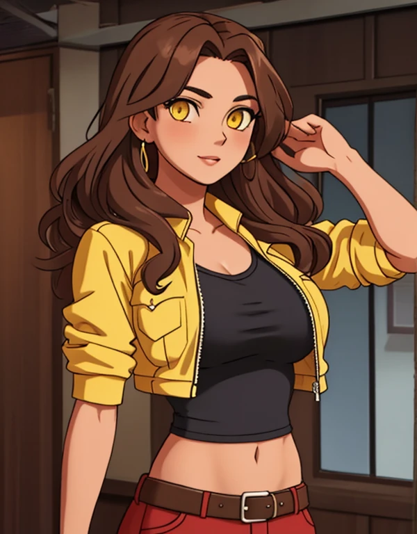 1girl, solo, mixed race Nicaraguan-Navajo woman, 24yo, wavy hair, brown hair, (yellow eyes:1.5), tan-bronze skin, athletic figure, strong muscles, medium breasts BREAK She’s wearing early 2000's fashion: opened red jacket, black tank-top,(midriff), belt, jeans BREAK looking at viewer, BREAK set in the early 2000’s, BREAK (masterpiece:1.2), best quality, high resolution, unity 8k wallpaper, (illustration:0.8), (beautiful detailed eyes:1.6), extremely detailed face, perfect lighting, extremely detailed CG, (perfect hands, perfect anatomy),
