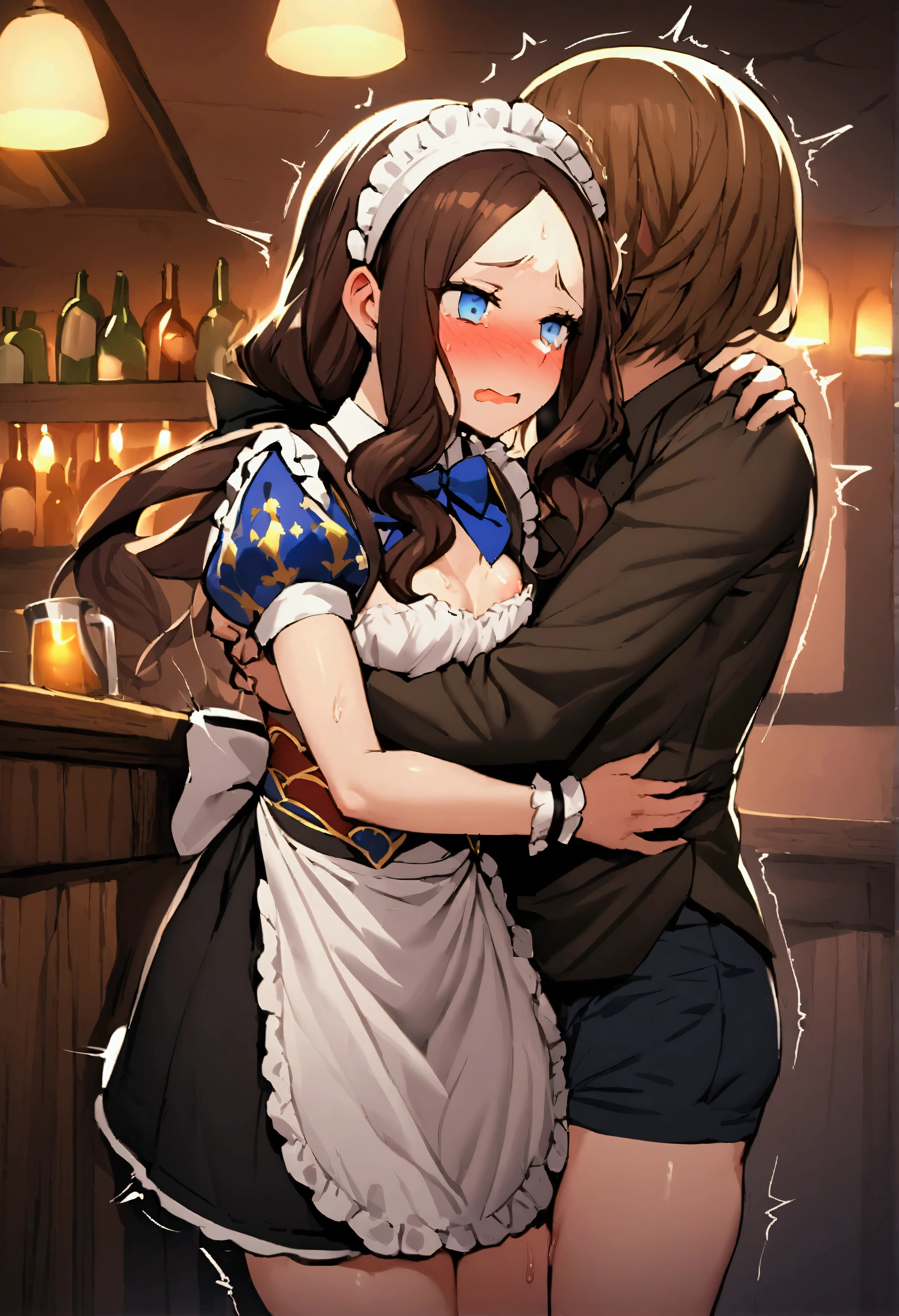 NSFW,masterpiece,Highest quality,High resolution,Very detailed,Leonardo da Vinci\(Fate/grandorder\),blue eyes,Long Hair,Brown Hair,Side Lock,Low Ponytail,ribbon,Short sleeve,Wrist cuff,maid,apron,Headdress, Black knee socks,Small breasts,Embarrassed,Nightlife,pub,(sexual harassment),(Being molested),(I feel),Trembling,(Body touch),Embrace