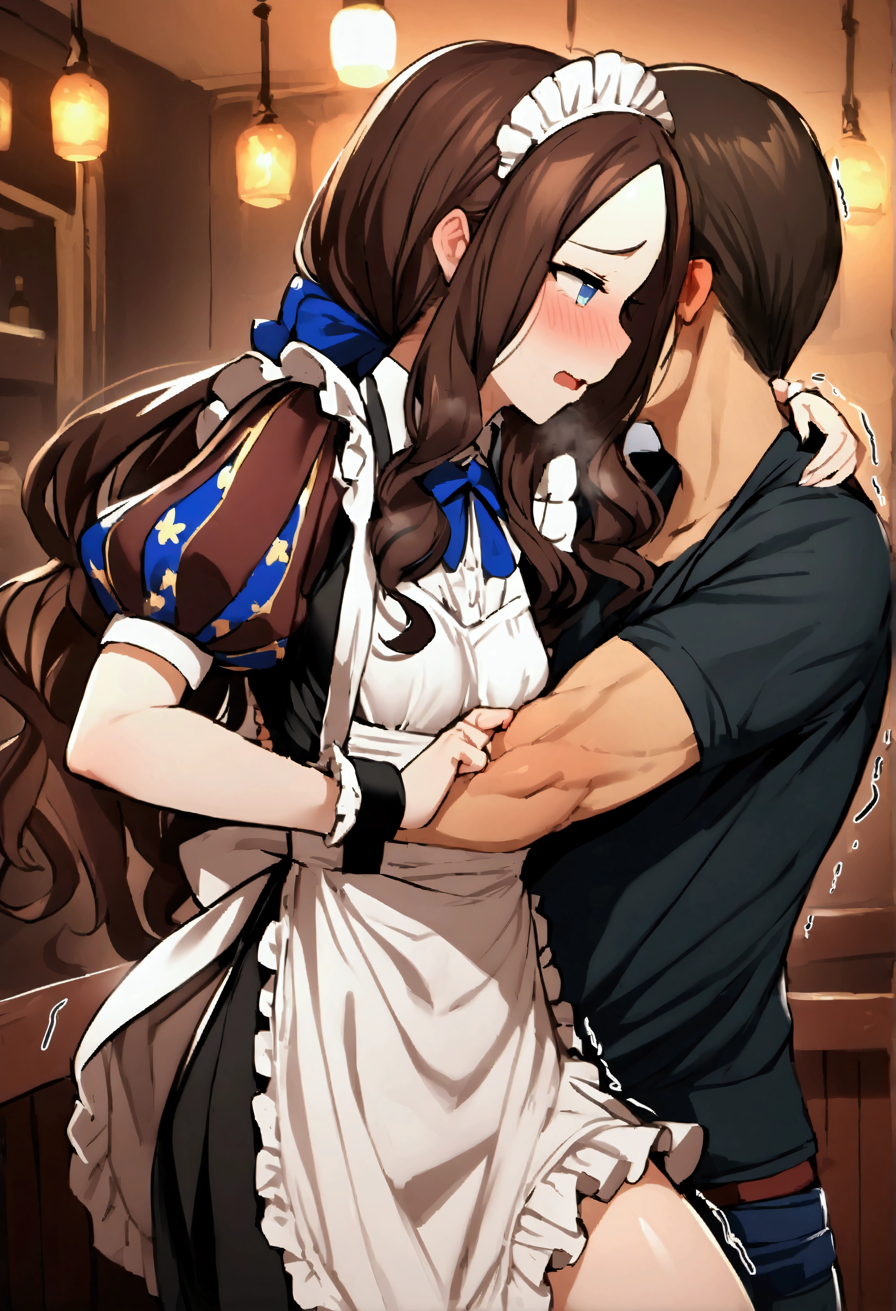 NSFW,masterpiece,Highest quality,High resolution,Very detailed,Leonardo da Vinci\(Fate/grandorder\),blue eyes,Long Hair,Brown Hair,Side Lock,Low Ponytail,ribbon,Short sleeve,Wrist cuff,maid,apron,Headdress, Black knee socks,Small breasts,Embarrassed,Nightlife,pub,(sexual harassment),(Being molested),(I feel),Trembling,(Body touch),Embrace